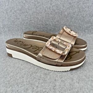 Sam Edelman Ariane Sandals Womens 7.5M Metallic Gold Leather Buckle Wedge Slides